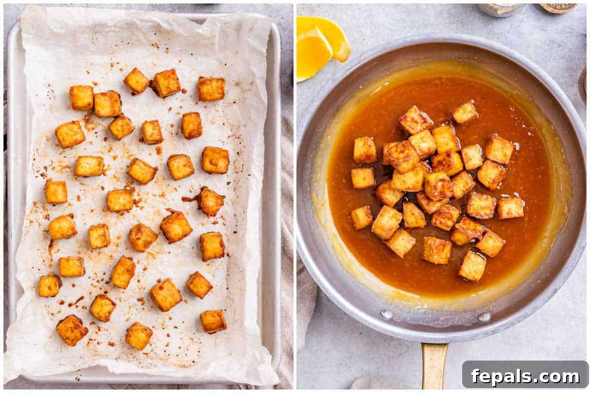 Crispy Orange Tofu 5 Roasted tofu in a sheet pan being transferred to a pan containing the simmering orange sauce.