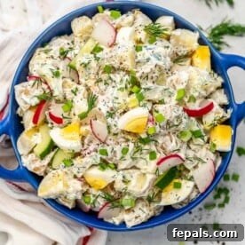 potato salad in a blue dish.
