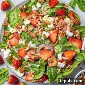 top view strawberry and spinach salad with pecans and feta