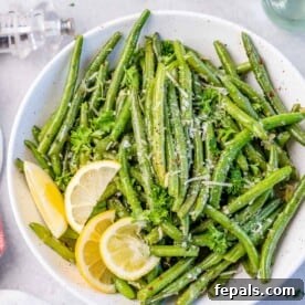top view green beans in white bowl