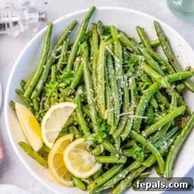 top view green beans in white bowl