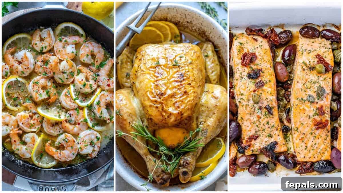 collage of 3 images: shrimp, whole roasted chicken, and baked salmon for a healthy Easter dinner.