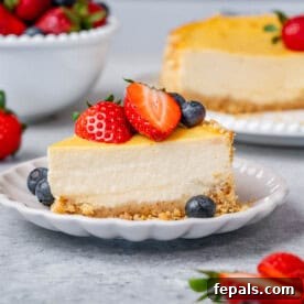 Slice of cheesecake on a plate with strawberries, blueberries, and a strawberry half on top.