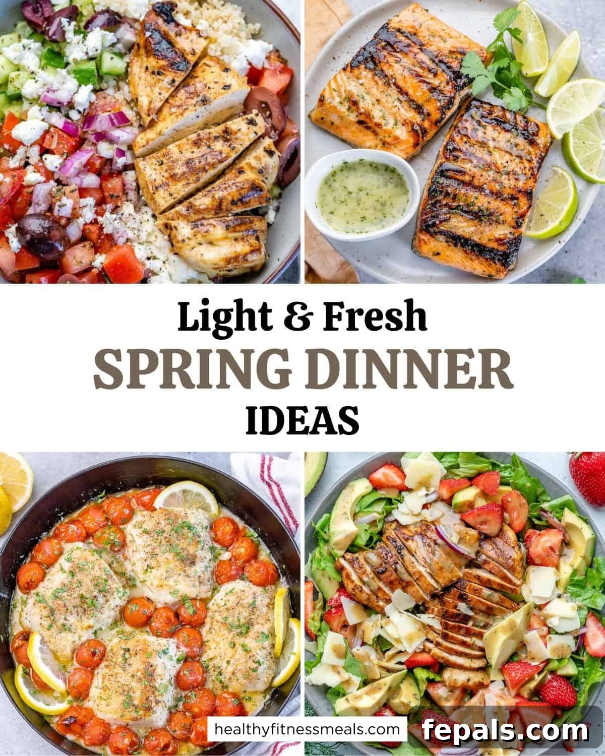 Over 15 Fresh Spring Dinner Ideas 2 A collage featuring four appetizing spring dinner ideas, showcasing fresh ingredients and vibrant colors perfect for the season.