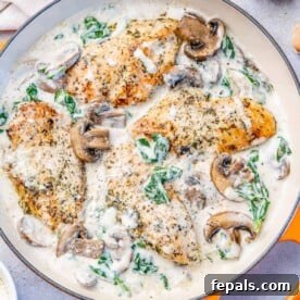 A top-down view of a creamy chicken skillet brimming with fresh spinach and savory mushrooms.