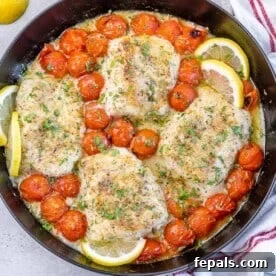 A top-down view of a round black skillet showcasing four perfectly baked cod fillets, blistered tomatoes, and vibrant lemon slices.