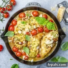 A top-down view of vibrant pesto chicken and cherry tomatoes sizzling in a black skillet, garnished with fresh basil leaves.