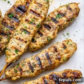 A close-up, top-down view of perfectly grilled chicken kafta presented on a clean white platter.