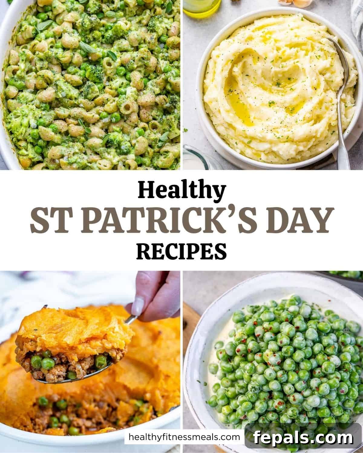 A vibrant collage showcasing four diverse St. Patrick's Day recipes, including hearty main courses and colorful green dishes.
