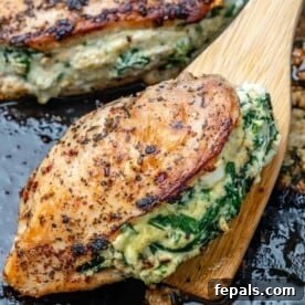 A succulent chicken breast, beautifully stuffed with spinach and cheese, cooked to golden perfection in a pan.