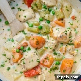 A top-down view of a spoon in a bubbling creamy chicken stew, served in a pot with a wooden spoon, showcasing tender chicken and colorful vegetables.