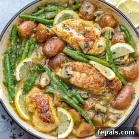 A vibrant top-down view of a chicken skillet, featuring juicy chicken, tender green beans, and roasted baby potatoes, garnished with fresh lemon slices.