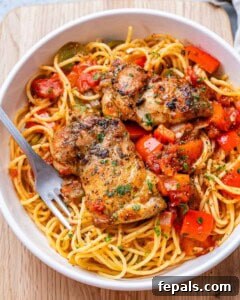 Served chicken cacciatore with spaghetti
