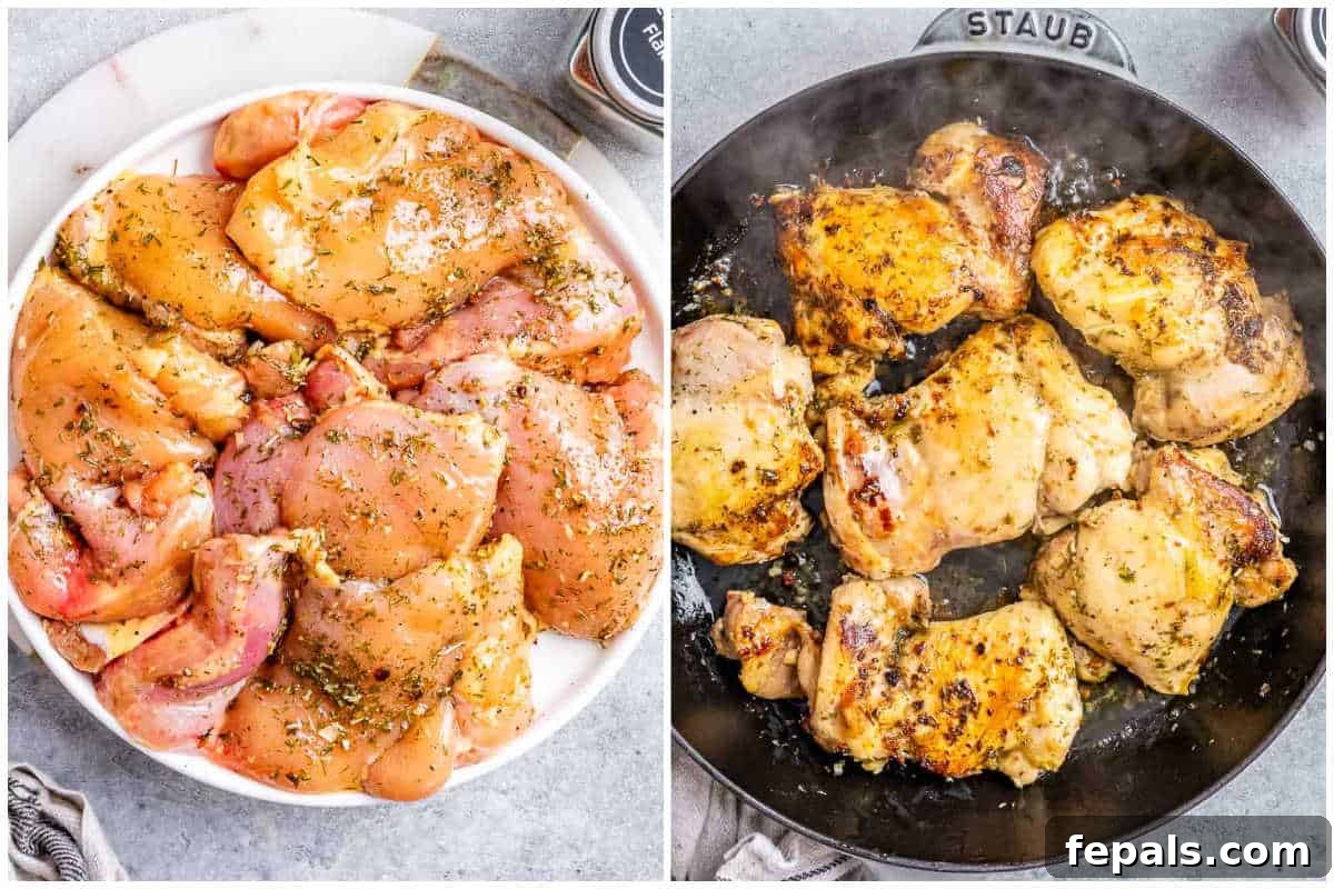 Rustic Hunter's Chicken 4 Process shot showing chicken thighs being seasoned and then seared to a golden brown in a skillet.
