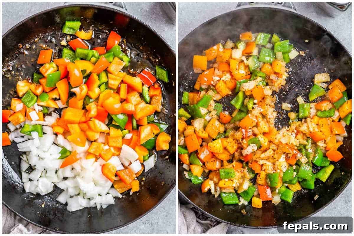 Rustic Hunter's Chicken 5 Process shot illustrating the sautéing of onions and bell peppers, followed by the addition of garlic and deglazing the pan, then combining with tomatoes.