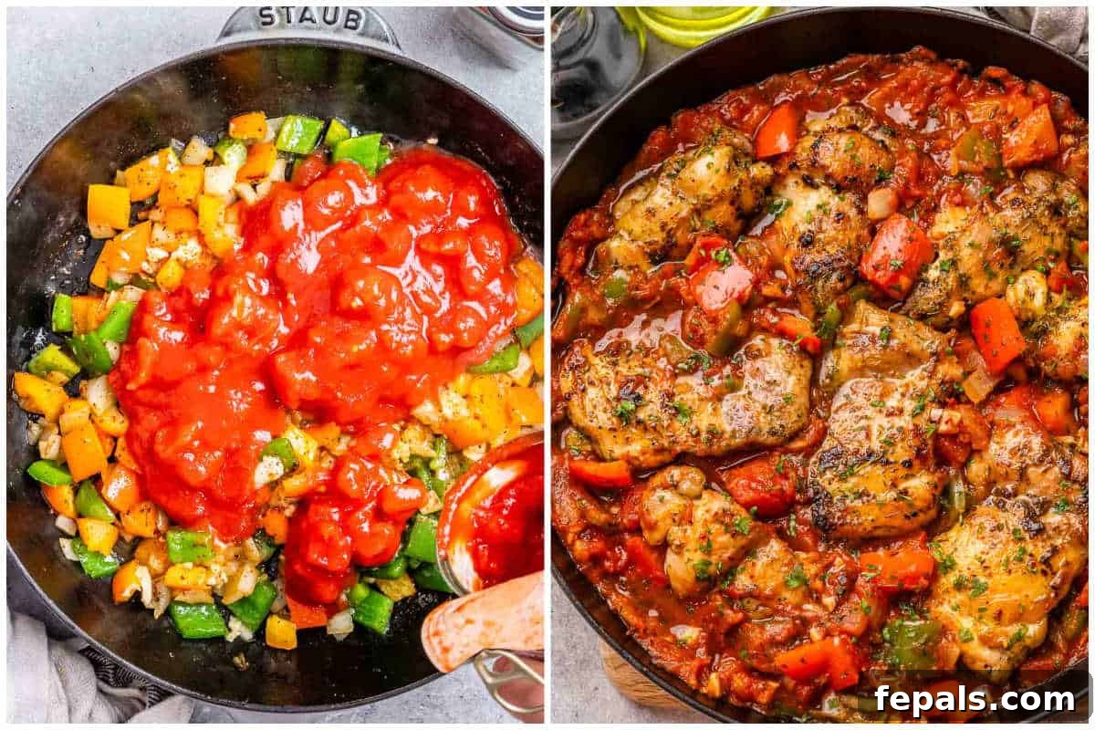 Rustic Hunter's Chicken 6 Process shot showing seared chicken thighs added back into the rich tomato and vegetable sauce in a skillet, simmering gently.