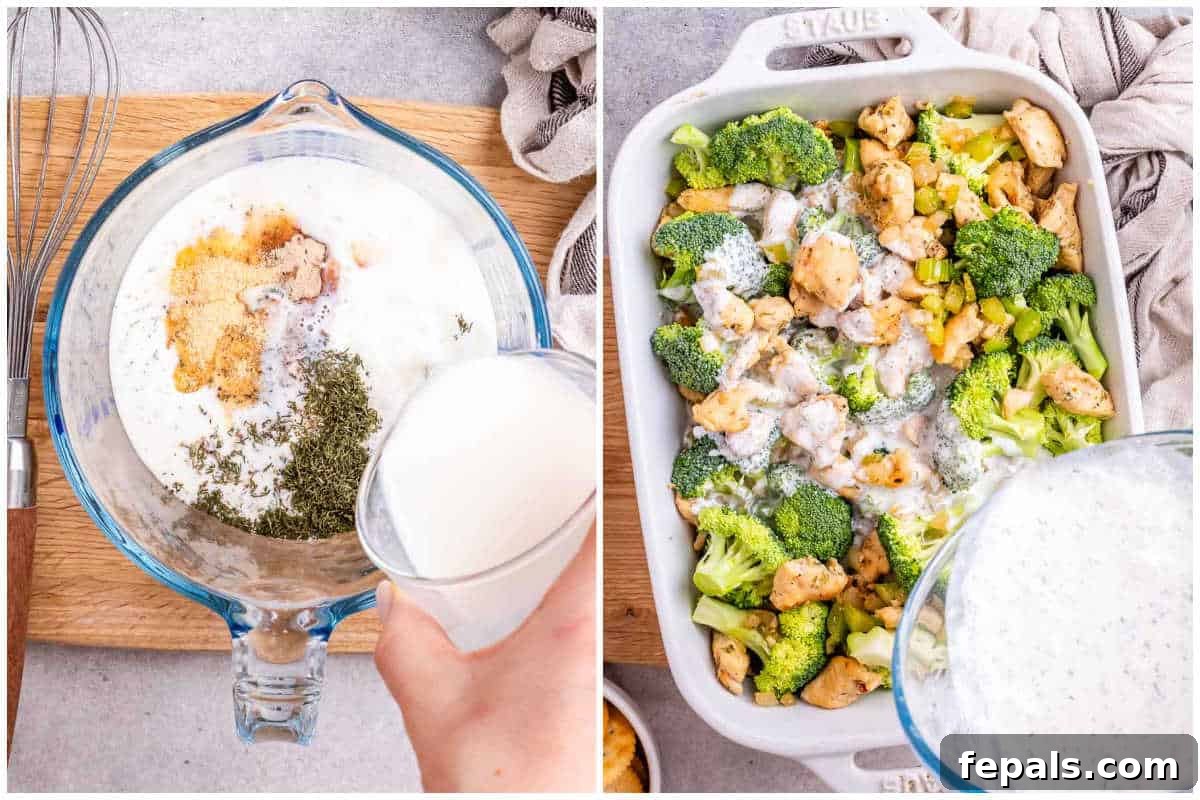 Process shot of combining Greek yogurt, milk, and seasonings in a bowl to create the creamy sauce for Chicken Divan, then adding it over the cooked chicken and vegetables in a casserole dish.