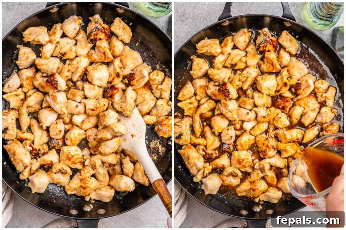 Process shot showing chicken pieces browning in a hot skillet, followed by the addition of hoisin sauce, creating a glossy glaze.
