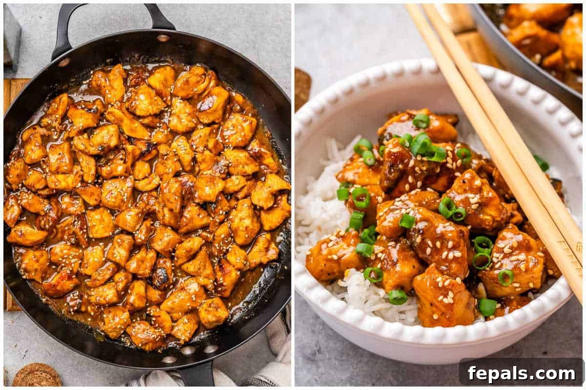 Process shot showing the finished hoisin chicken being served over rice in a bowl, garnished with green onions and sesame seeds.