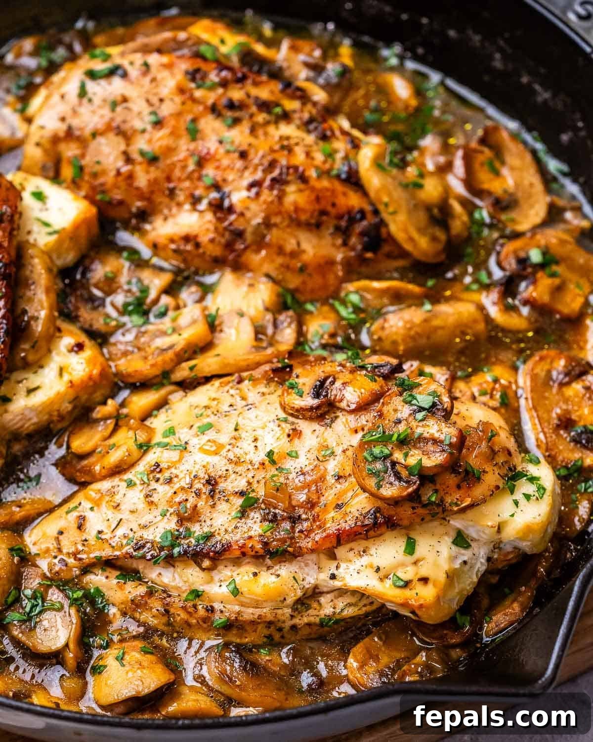 Golden-seared stuffed chicken breast simmering in a rich mushroom Marsala sauce, garnished with fresh herbs.