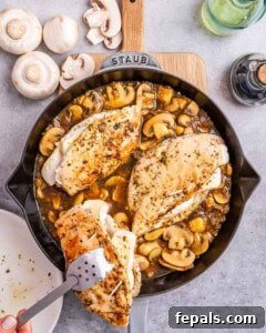 adding stuffed chicken breast in pan with mushroom sauce.