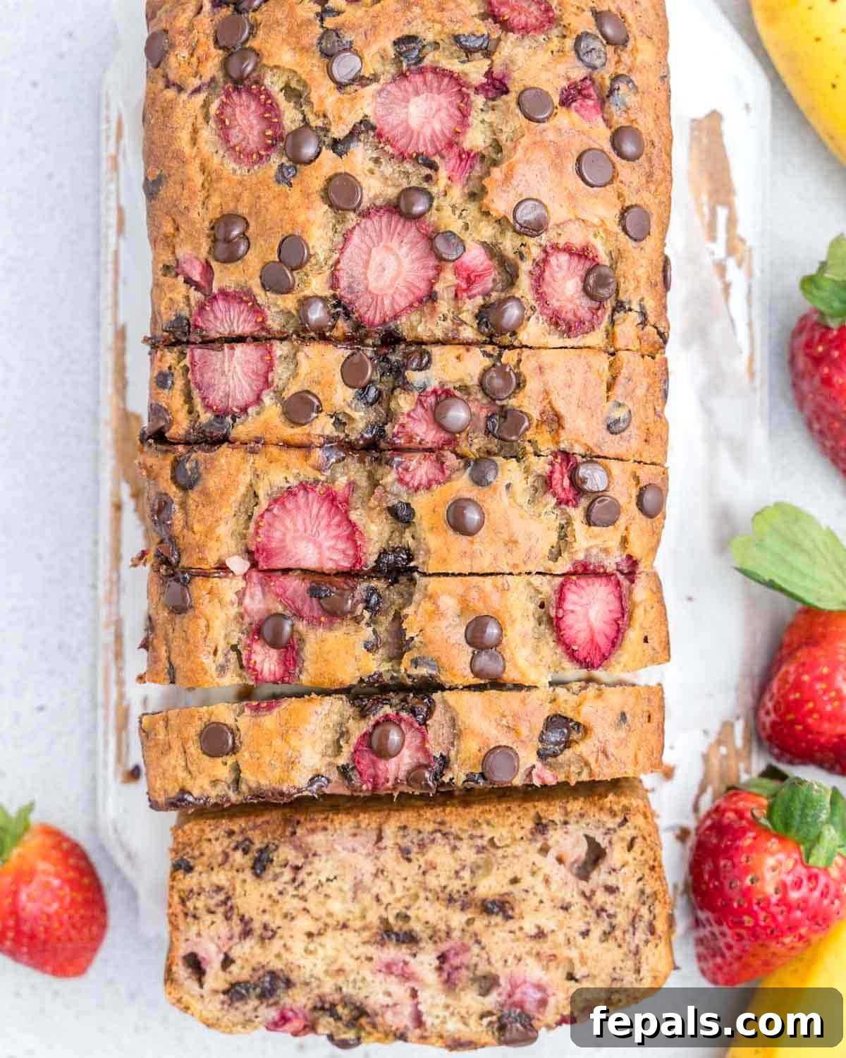 Strawberry Banana Loaf 2 Sliced strawberry banana bread adorned with chocolate chips and fresh strawberries on an elegant cutting board.