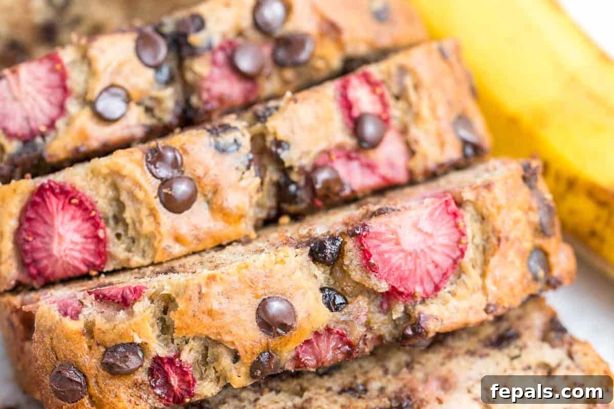Strawberry Banana Loaf 6 Close-up of a perfectly sliced strawberry banana bread with visible chocolate chips, ready to eat.