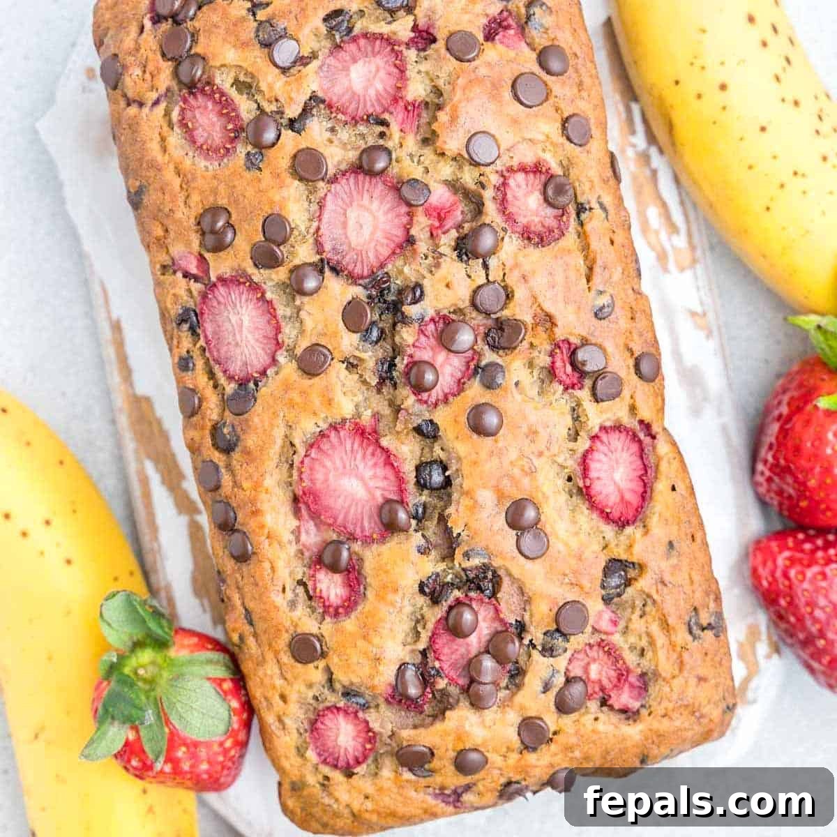 Strawberry Banana Loaf 7 A full, unsliced loaf of strawberry banana bread resting on a flat surface, showcasing its golden crust.
