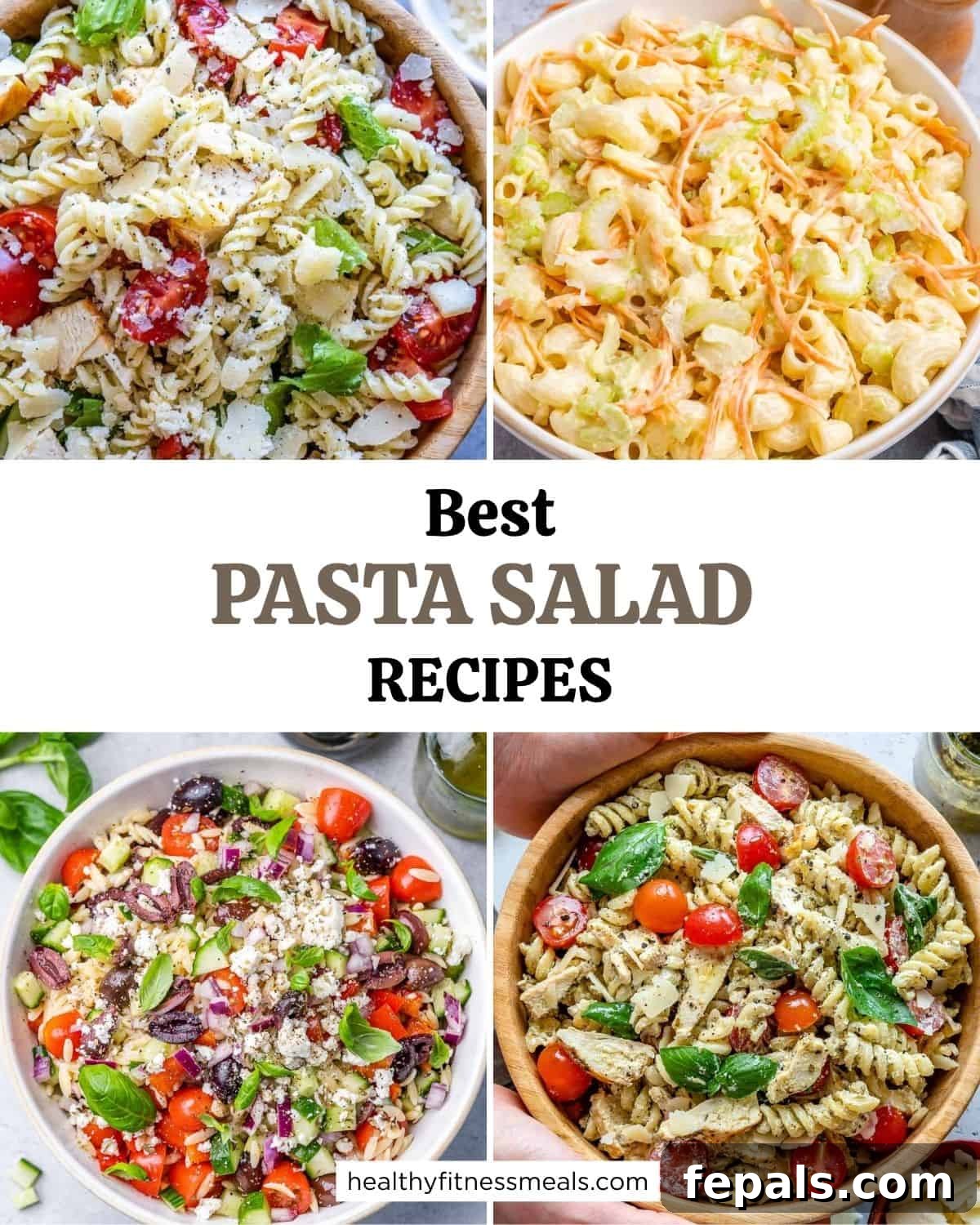 A vibrant collage showcasing four distinct pasta salad recipes, bursting with fresh ingredients and inviting colors, highlighting the diversity of this collection.