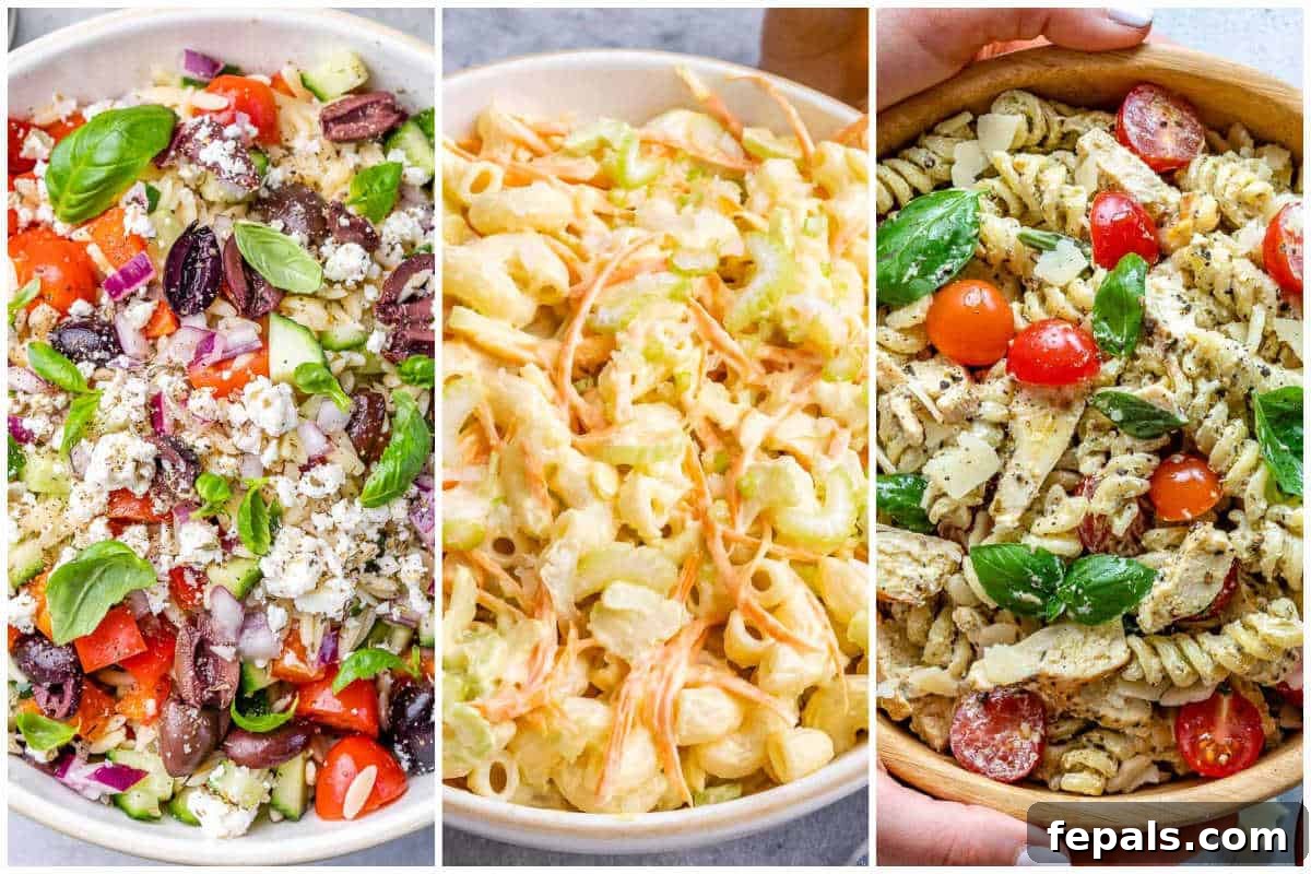 A dynamic collage showcasing various delicious pasta salad creations, highlighting the diverse range of ingredients and appealing presentations available in these recipes.