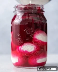 Ruby Red Pickled Eggs 14 Mason jar with peeled hard-boiled eggs submerged in deep red beet pickling brine, showing the eggs starting to take on color.