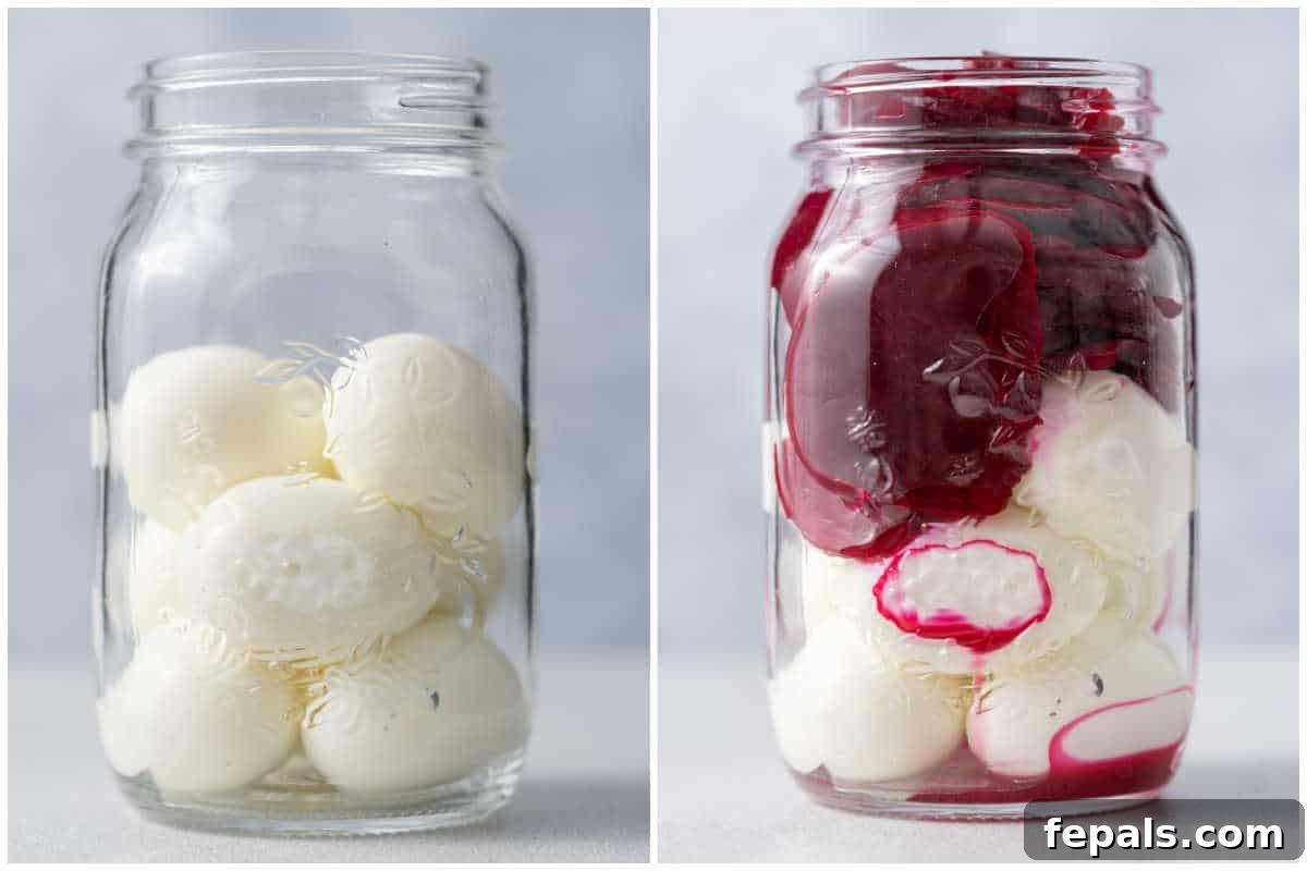 Ruby Red Pickled Eggs 5 Process shot showing peeled hard-boiled eggs being placed in a mason jar, followed by adding sliced beets and their liquid.