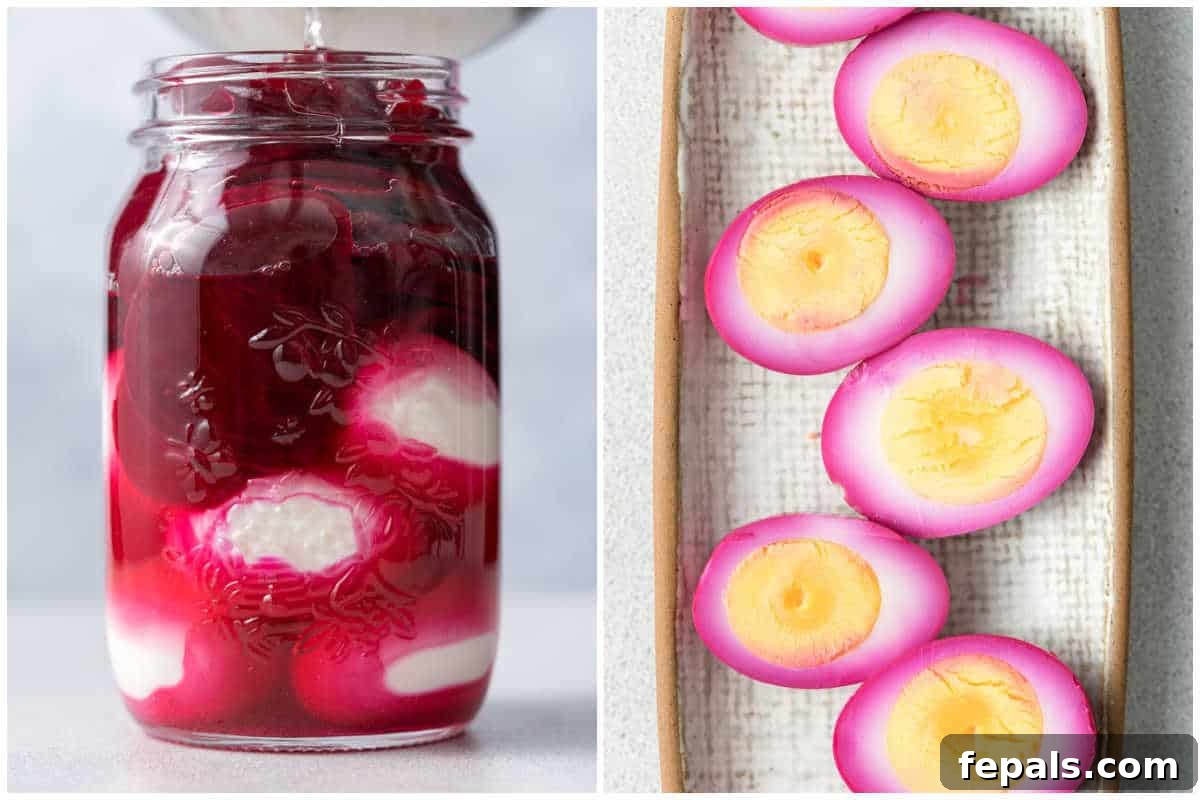 Ruby Red Pickled Eggs 7 Process shot showing hot brine being poured over eggs and beets in a jar, followed by a final image of sliced beet pickled eggs arranged on a platter.
