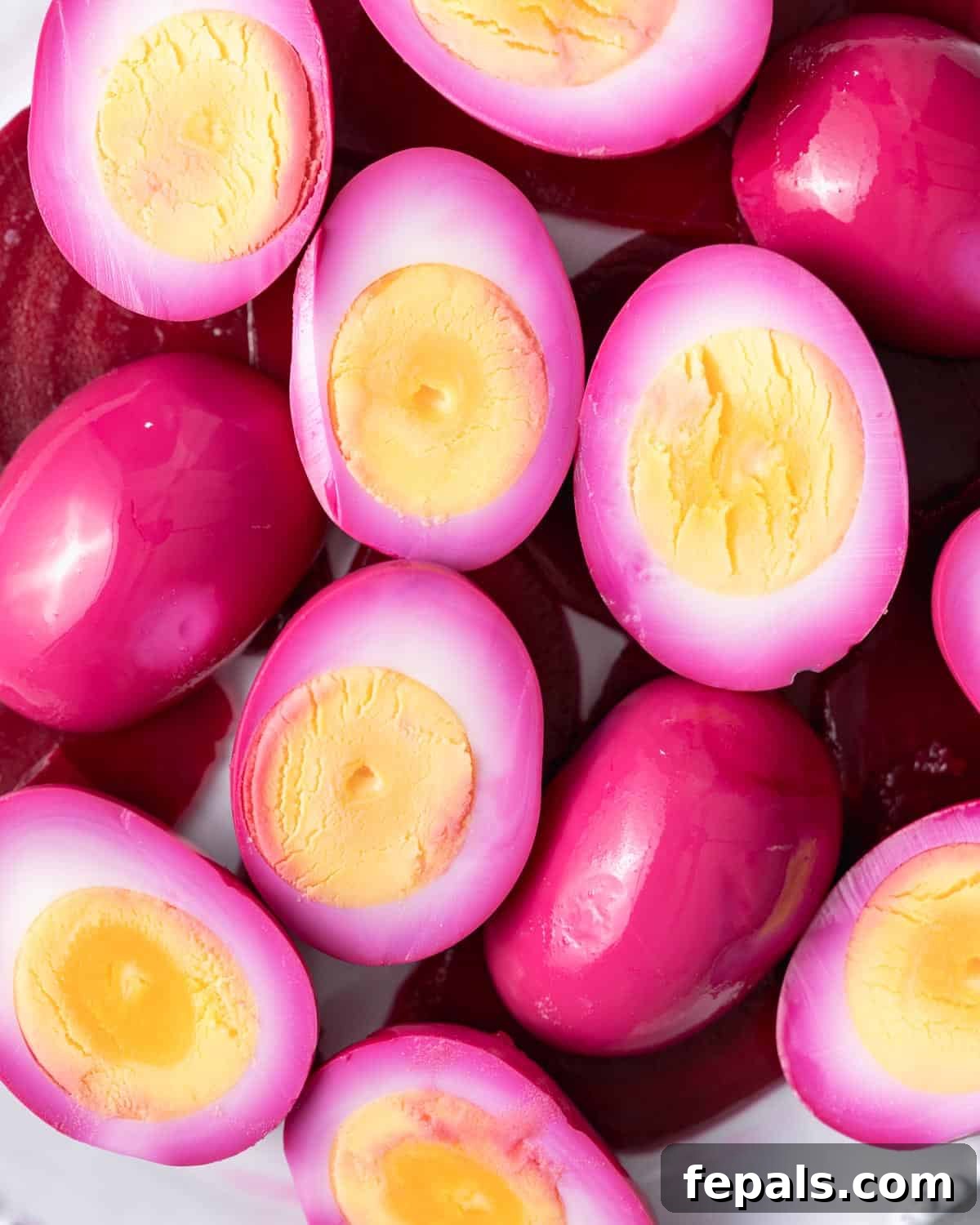 Ruby Red Pickled Eggs 8 Overhead view of pink pickled egg halves and wholes with a deep pink exterior and bright orange-yellow yolks, showcasing the vibrant color.