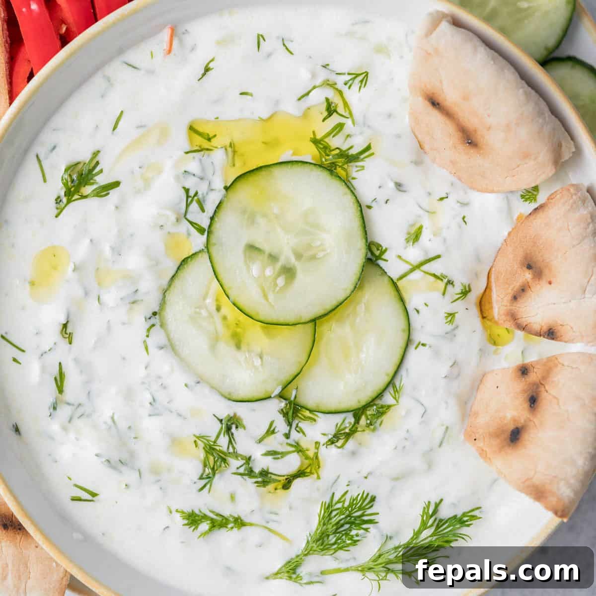 A beautifully presented bowl of creamy Greek Tzatziki, garnished with fresh dill and a drizzle of olive oil, with three pieces of warm pita bread ready for dipping.