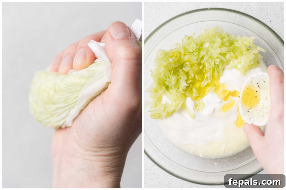 A step-by-step image showing grated cucumber being squeezed in a paper towel to remove excess water, and then all tzatziki ingredients being added to a mixing bowl.