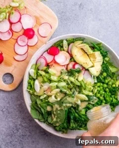 Add radishes, green onions, avocado and mint. Drizzling spring mix salad with dressing.