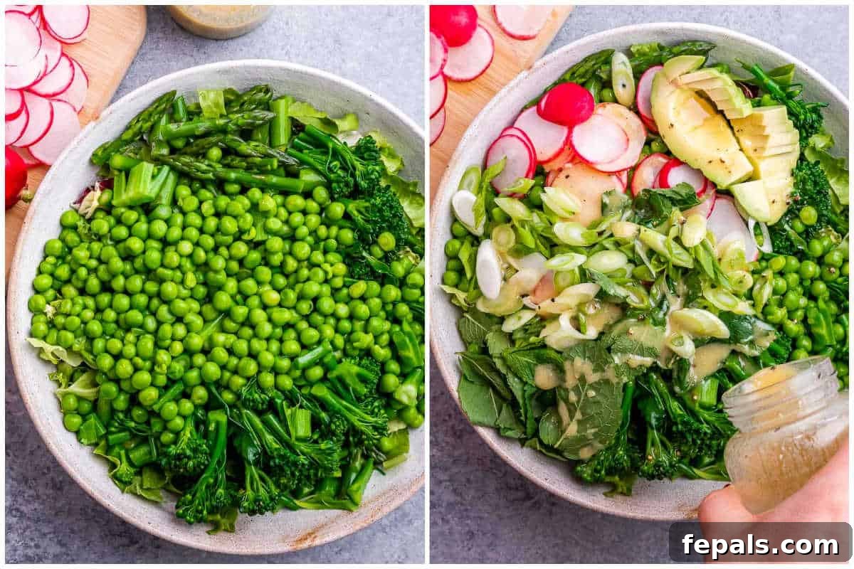 Assembling a fresh spring mix salad by adding dressed blanched vegetables, radishes, green onions, avocado, and mint into a large bowl.