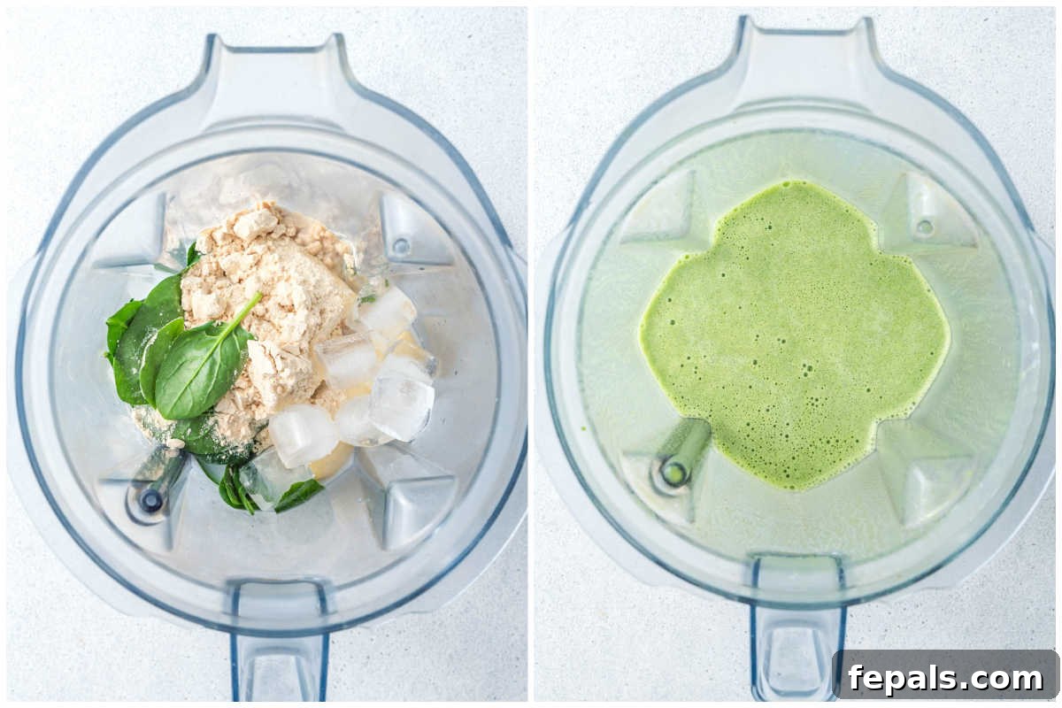 A blender filled with almond milk, frozen banana, protein powder, spinach, and peppermint extract, ready to be blended into a shamrock smoothie.