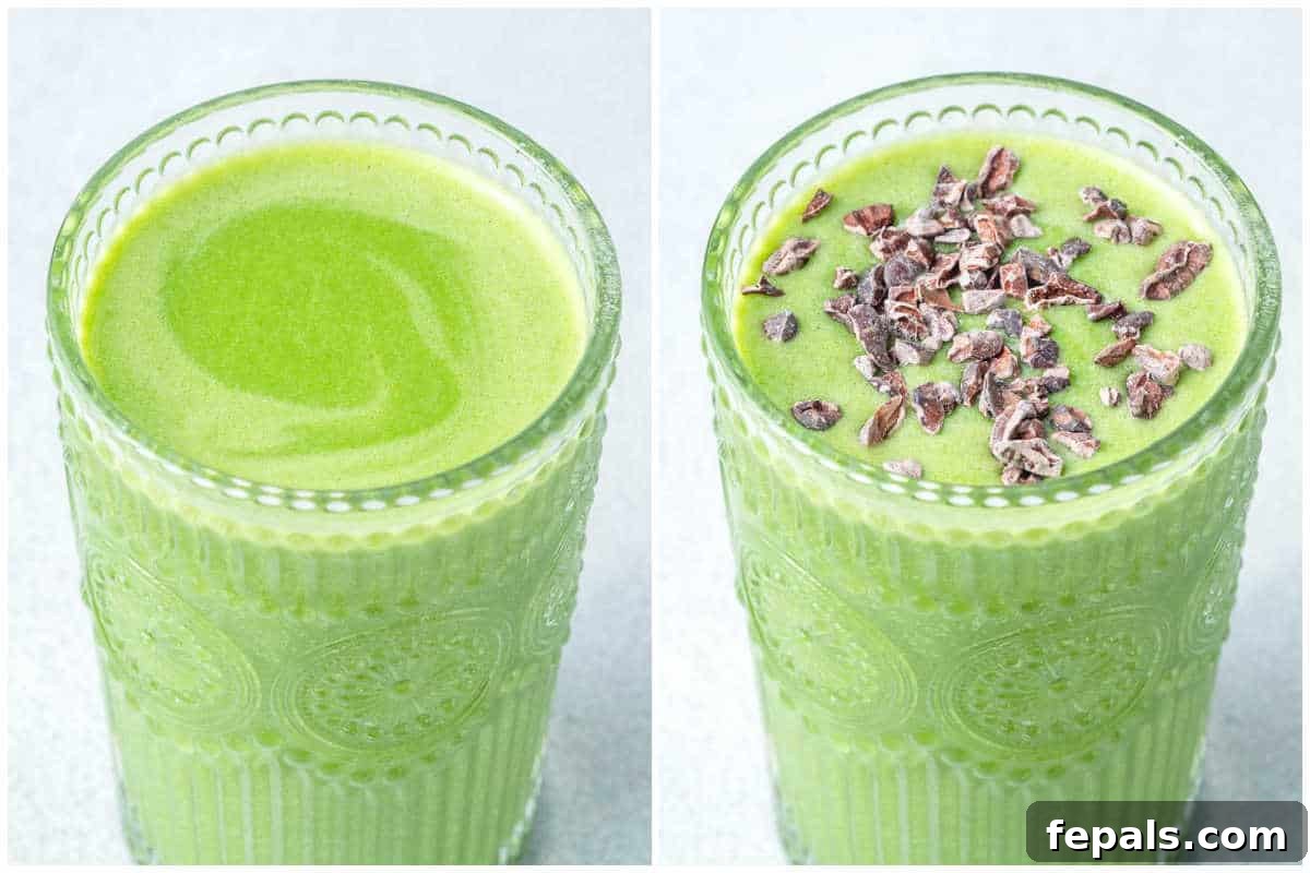 A freshly blended green shamrock protein smoothie in a glass, ready to be topped and served.