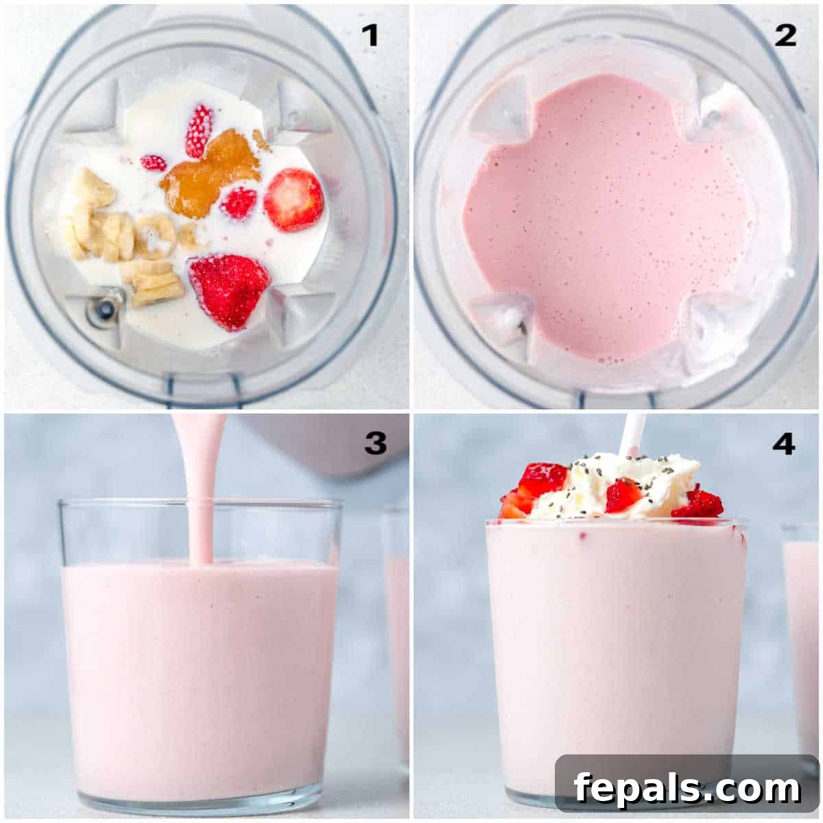 A step-by-step visual guide showing ingredients being added to a blender, the blending process, and the smooth strawberry cottage cheese smoothie being poured into a cup.
