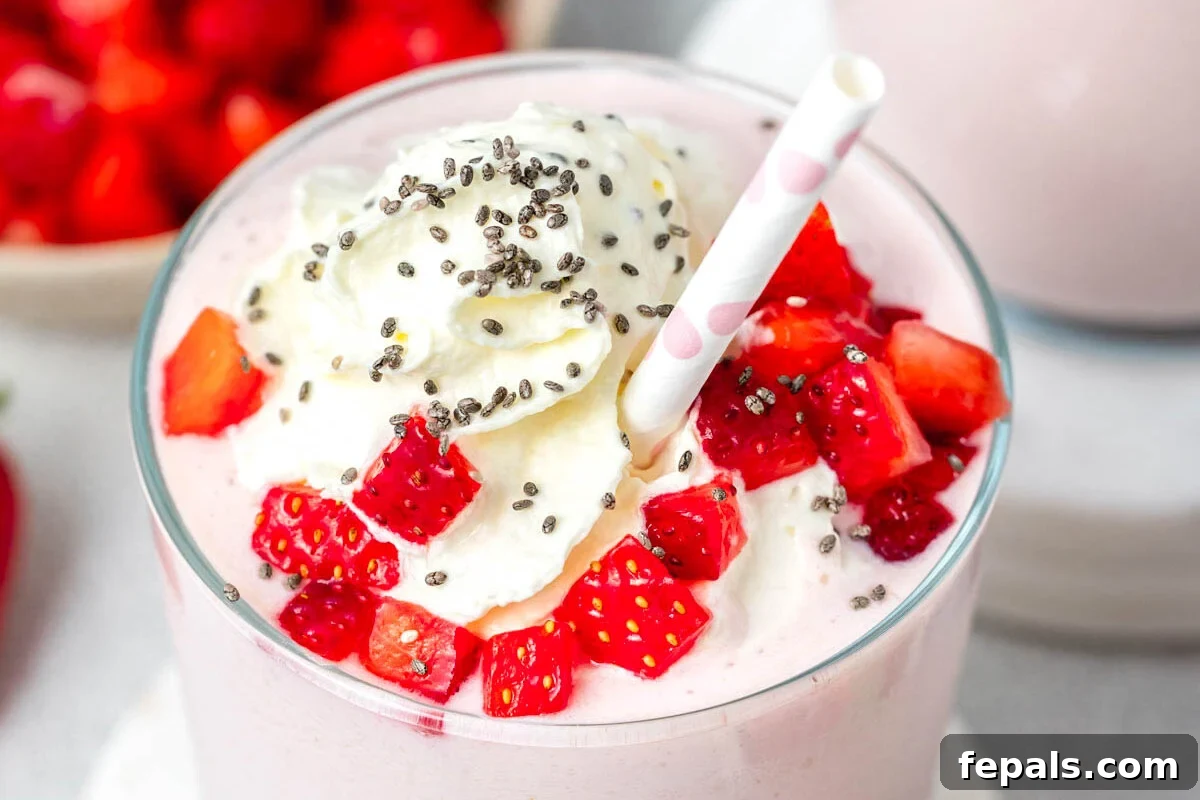 A beautifully presented strawberry cottage cheese smoothie in a glass cup, topped generously with whipped cream, diced fresh strawberries, and a sprinkling of chia seeds, ready to be enjoyed.