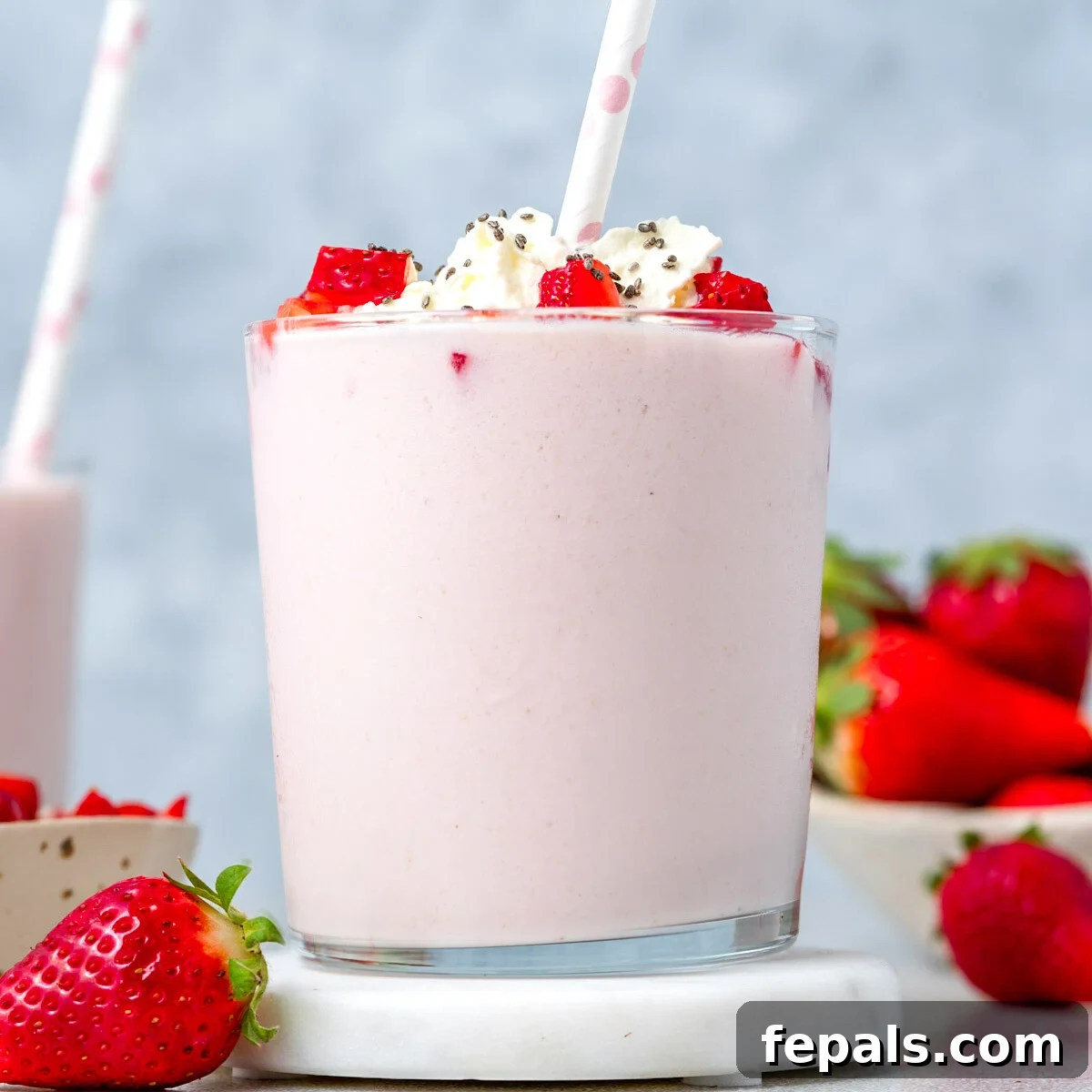 A tall glass filled with a pink strawberry smoothie, with a straw inserted, sitting on a light surface, suggesting a refreshing drink.