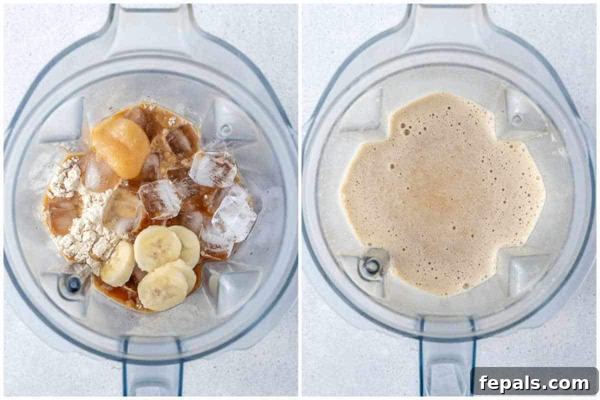 Brewed Protein Fuel 4 Process shot showing all ingredients being added to a high-powered blender to make the coffee protein shake.