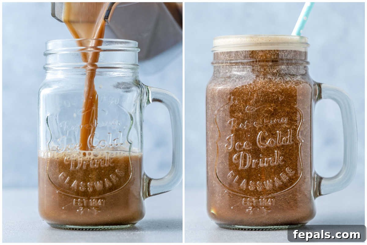 Brewed Protein Fuel 5 Process shot of pouring the freshly blended coffee protein shake into a mason jar.