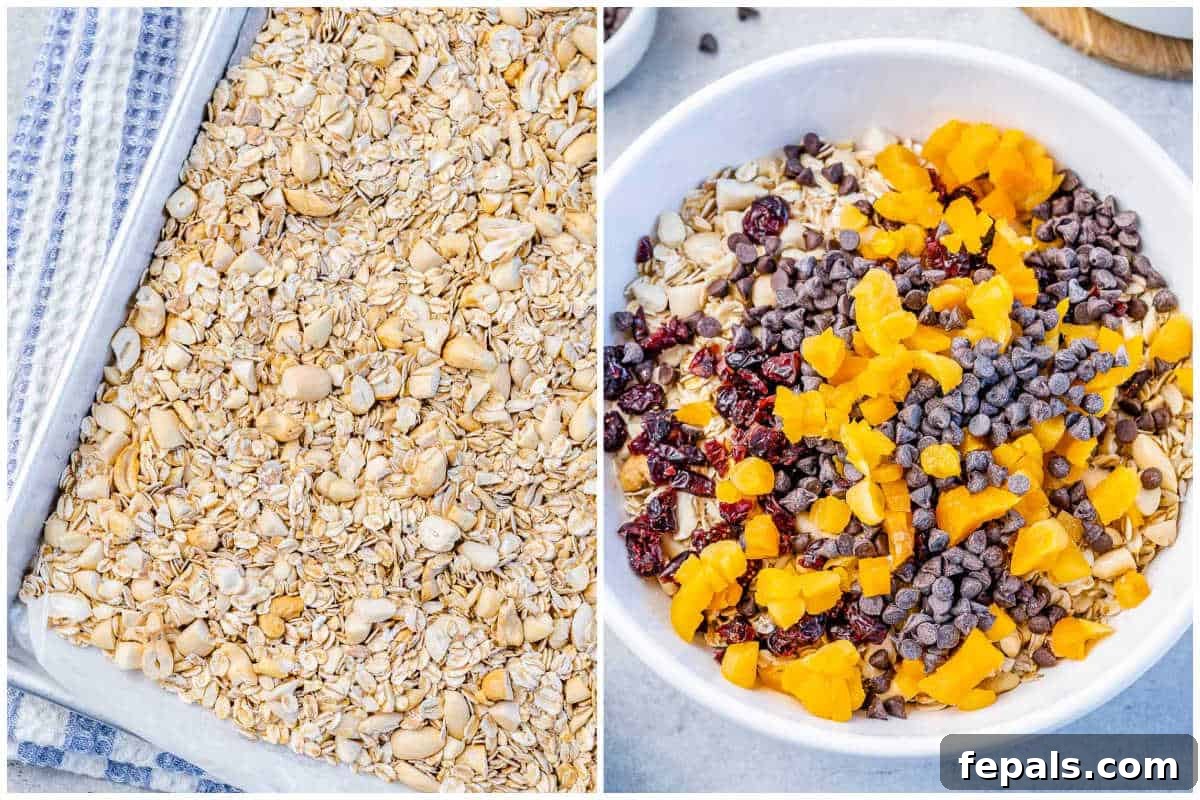 Collage showing the process: first, toasting the granola and nuts on a sheet pan, then adding them to a bowl with chopped dried fruits.