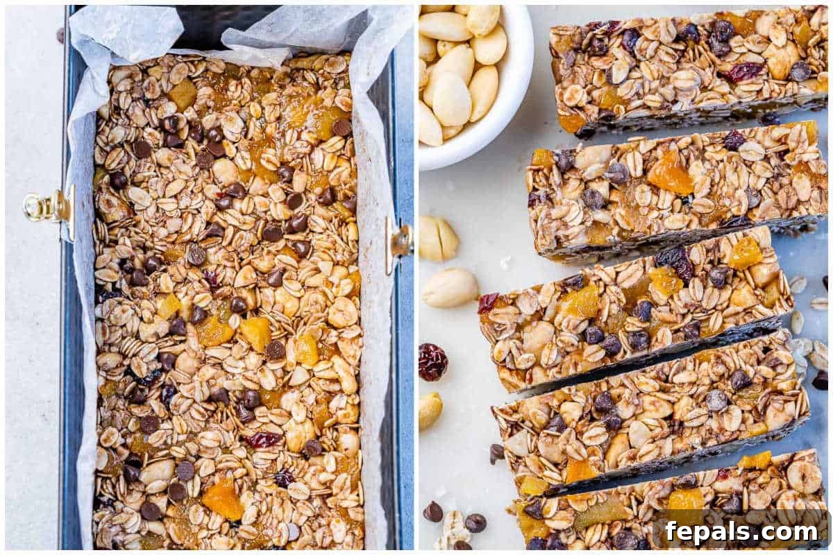 Collage showing the process: baking the granola bars in a loaf pan, and then slicing them into individual bars.