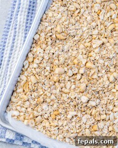 Bowl of raw whole skinned almonds, cashews, and oats on a light blue surface, ready for chopping and toasting.