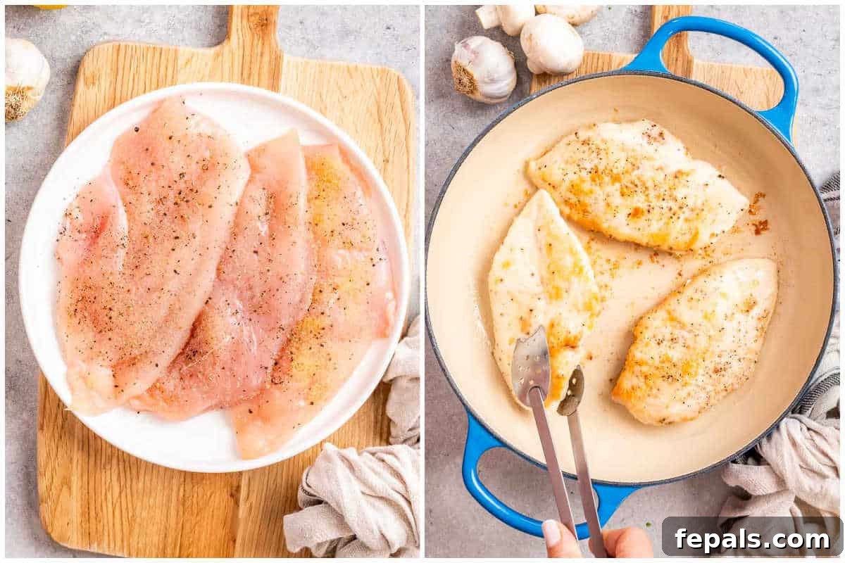 Golden Pan-Seared Chicken Medallions 4 process shot showing seasoned chicken breast in a bowl, and then cooking in a skillet.