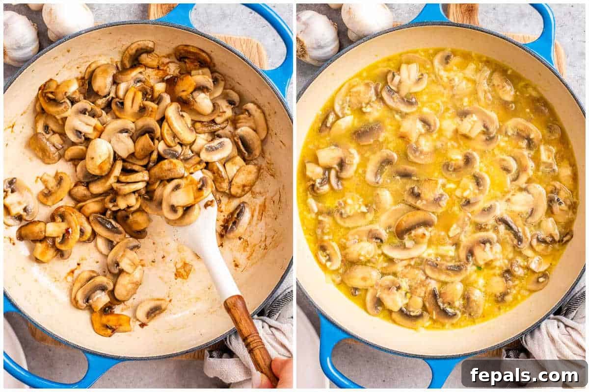 Golden Pan-Seared Chicken Medallions 5 process shot of searing mushrooms in a pan and then making mushroom sauce.